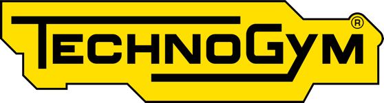 Logo von TechnoGym: Schwarzer Schriftzug auf gelbem Hintergrund mit schwarzer Kontur. Das T und das G sind groß, die restlichen Buchstaben in kleineren Großbuchstaben. Außerdem sind der Deckstrich vom T sowie der Schweif vom Y langgezogen.
